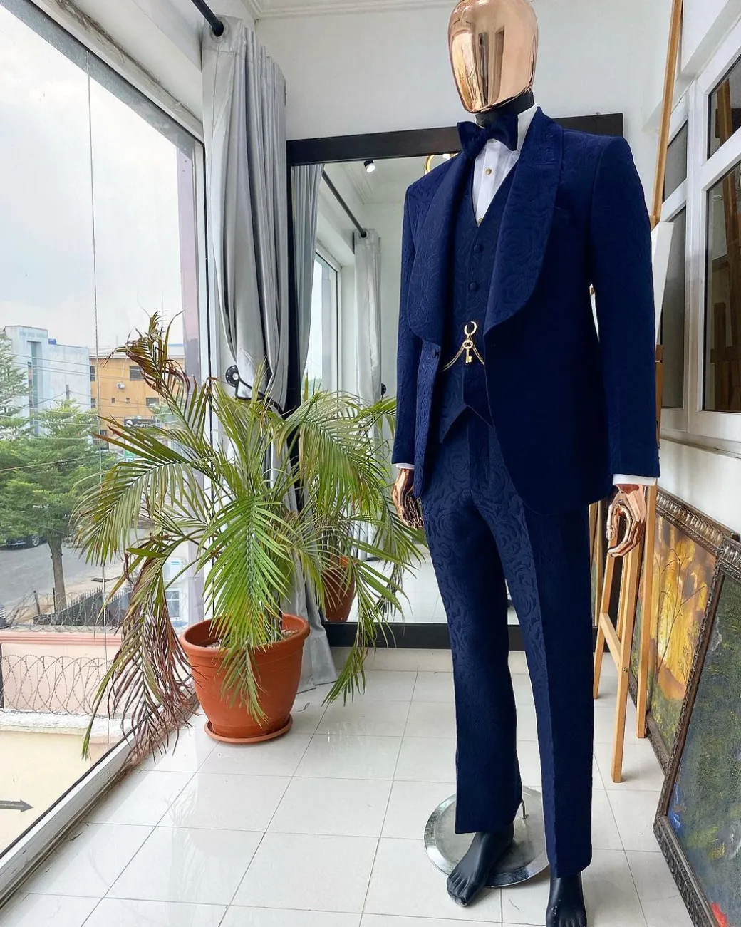 A Monochrome Navy Blue Jacquard Tuxedo Suit.