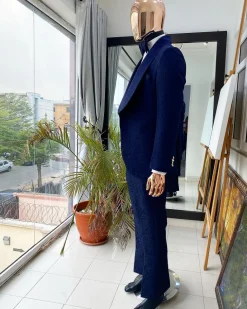 A Monochrome Navy Blue Jacquard Tuxedo Suit.