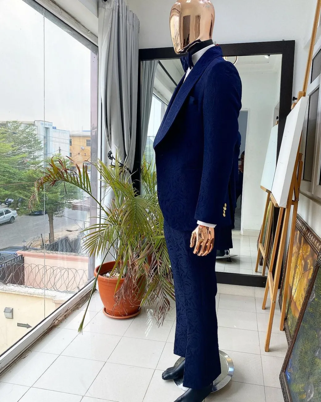 A Monochrome Navy Blue Jacquard Tuxedo Suit.