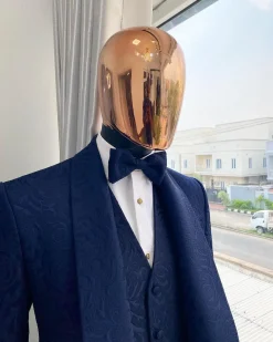 A Monochrome Navy Blue Jacquard Tuxedo Suit.