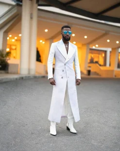 A monochrome, peak lapel, light multi-color dyed trench double breasted jacquard with bunny button details suit