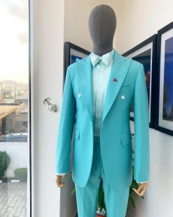 A Monochrome Peak Lapel Turquoise Blue Suit