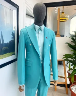 A Monochrome Peak Lapel Turquoise Blue Suit