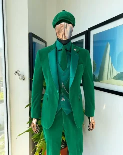 A Monochrome “Peaky Blinders” Cadmium Green, Soaked Velvet Fabric, Knitted, Notch Lapel Suit