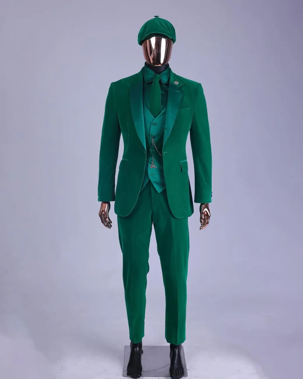 A Monochrome “Peaky Blinders” Cadmium Green, Soaked Velvet Fabric, Knitted, Notch Lapel Suit
