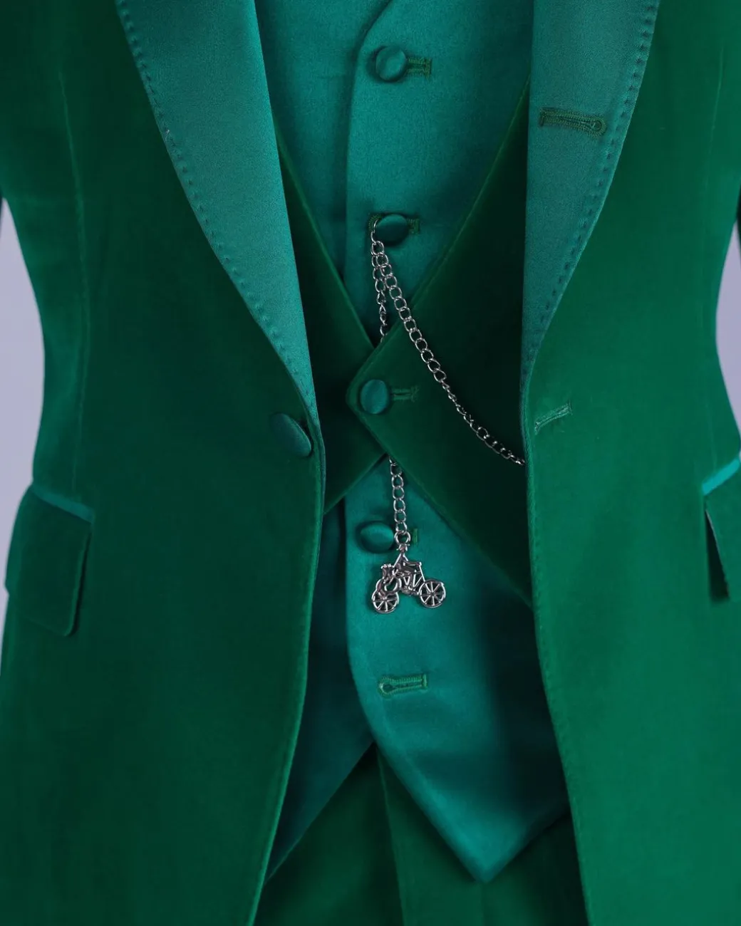 A Monochrome “Peaky Blinders” Cadmium Green, Soaked Velvet Fabric, Knitted, Notch Lapel Suit