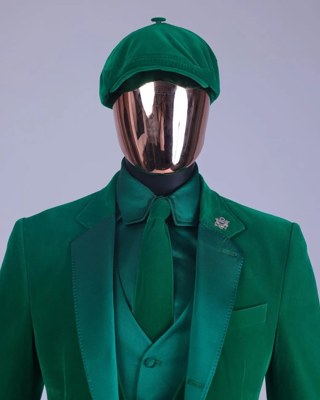 A Monochrome “Peaky Blinders” Cadmium Green, Soaked Velvet Fabric, Knitted, Notch Lapel Suit