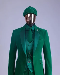 A Monochrome “Peaky Blinders” Cadmium Green, Soaked Velvet Fabric, Knitted, Notch Lapel Suit