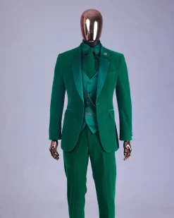A Monochrome “Peaky Blinders” Cadmium Green, Soaked Velvet Fabric, Knitted, Notch Lapel Suit