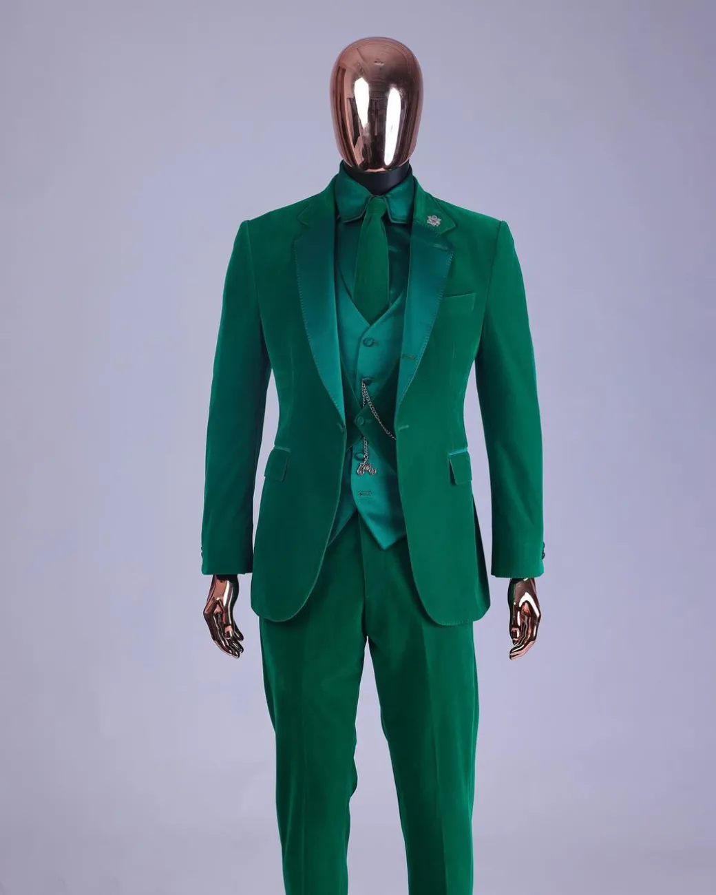 A Monochrome “Peaky Blinders” Cadmium Green, Soaked Velvet Fabric, Knitted, Notch Lapel Suit