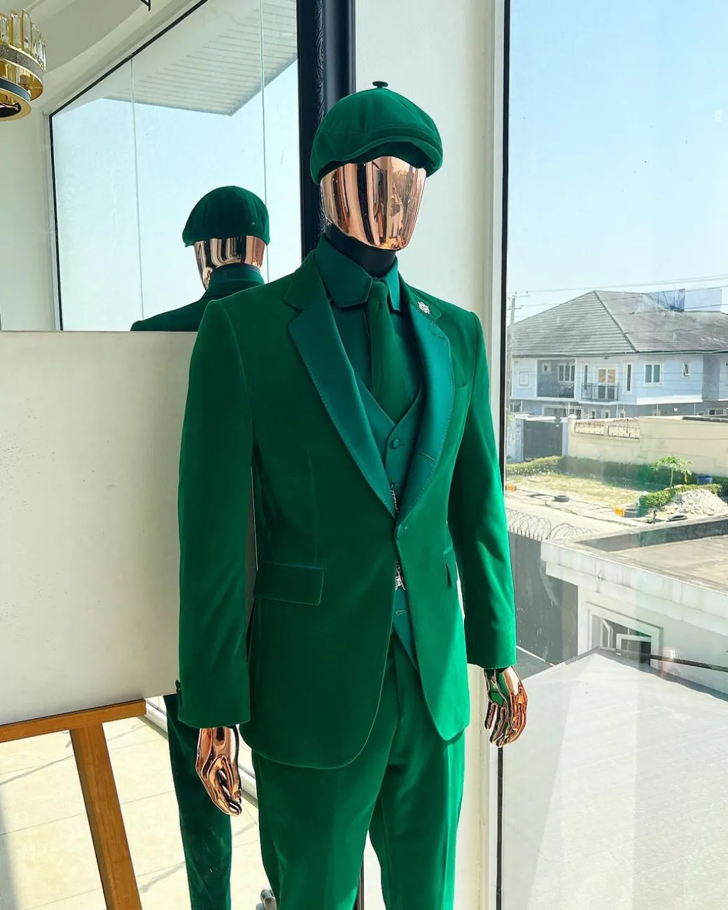 A Monochrome “Peaky Blinders” Cadmium Green, Soaked Velvet Fabric, Knitted, Notch Lapel Suit