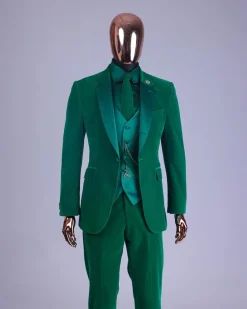 A Monochrome “Peaky Blinders” Cadmium Green, Soaked Velvet Fabric, Knitted, Notch Lapel Suit