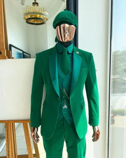A Monochrome “Peaky Blinders” Cadmium Green, Soaked Velvet Fabric, Knitted, Notch Lapel Suit