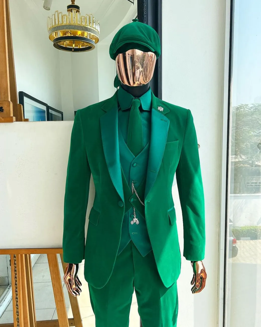 A Monochrome “Peaky Blinders” Cadmium Green, Soaked Velvet Fabric, Knitted, Notch Lapel Suit