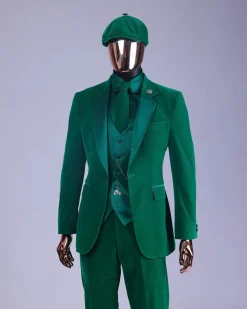 A Monochrome “Peaky Blinders” Cadmium Green, Soaked Velvet Fabric, Knitted, Notch Lapel Suit