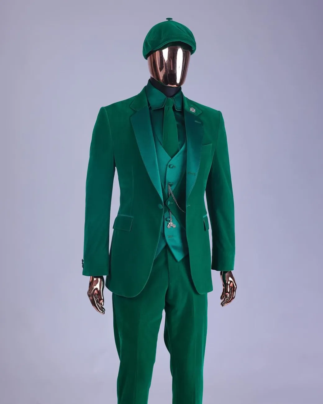A Monochrome “Peaky Blinders” Cadmium Green, Soaked Velvet Fabric, Knitted, Notch Lapel Suit