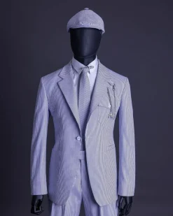 A monochrome seersucker (rail road stripe) notch lapel suit