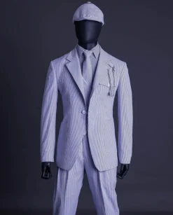 A monochrome seersucker (rail road stripe) notch lapel suit