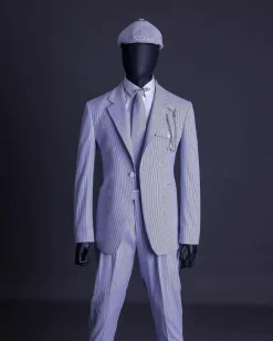 A monochrome seersucker (rail road stripe) notch lapel suit