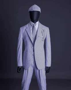 A monochrome seersucker (rail road stripe) notch lapel suit