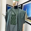 A Moss green, dotted rectangle embroidery detailed Agbada