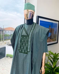 A Moss green, dotted rectangle embroidery detailed Agbada