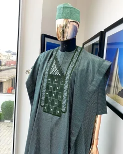 A Moss green, dotted rectangle embroidery detailed Agbada