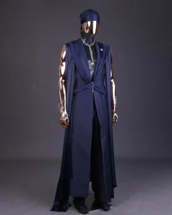 A “Mr Money” navy blue, deconstructed veil on trench silk peak lapel jacket