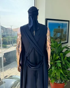 A “Mr Money” navy blue, deconstructed veil on trench silk peak lapel jacket