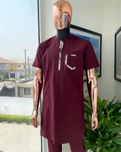 A mulberry burgundy, sport theme paisley flap & layered pocket detailing african traditional senator kaftan native.