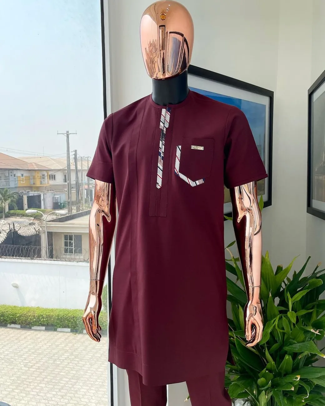 A mulberry burgundy, sport theme paisley flap & layered pocket detailing african traditional senator kaftan native.
