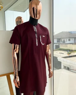 A mulberry burgundy, sport theme paisley flap & layered pocket detailing african traditional senator kaftan native.