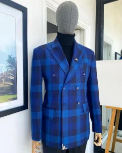 A multicolor shade of blue windowpane check double breasted Peak lapel suit