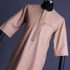 A Mustard brown, 3/4 Sleeve Kaftan, Spiral and Interwoven Embroidery Detailing African Traditional Senator Kaftan Native.