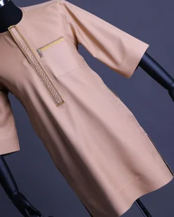 A Mustard brown, 3/4 Sleeve Kaftan, Spiral and Interwoven Embroidery Detailing African Traditional Senator Kaftan Native.