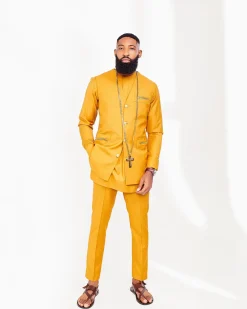 A Mustard Yellow front flap Kaftan, Gold Detailing Jacket with Zip