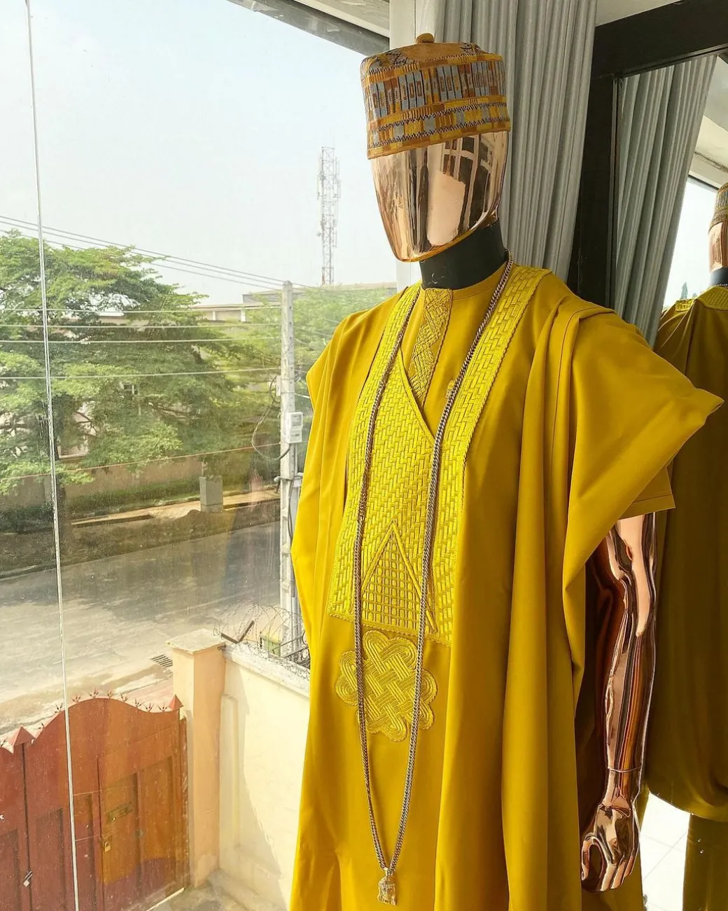 A Mustard Yellow With Connected Embroidery Agbada