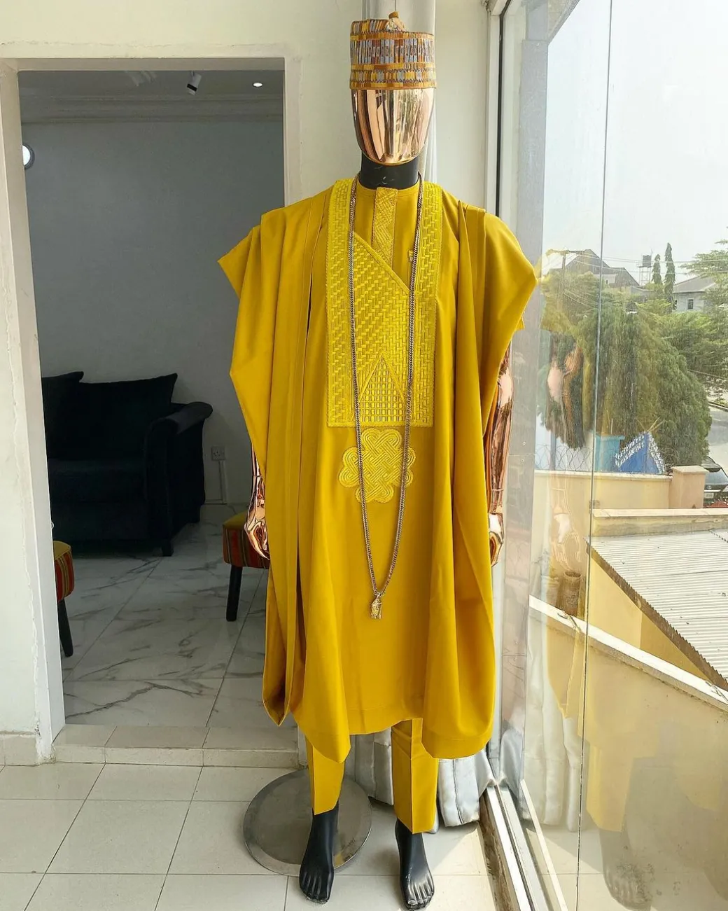 A Mustard Yellow With Connected Embroidery Agbada