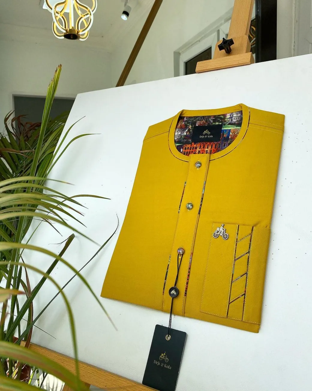 A Mustard Yellow with Swarovski button detailing African Kaftan and sokoto