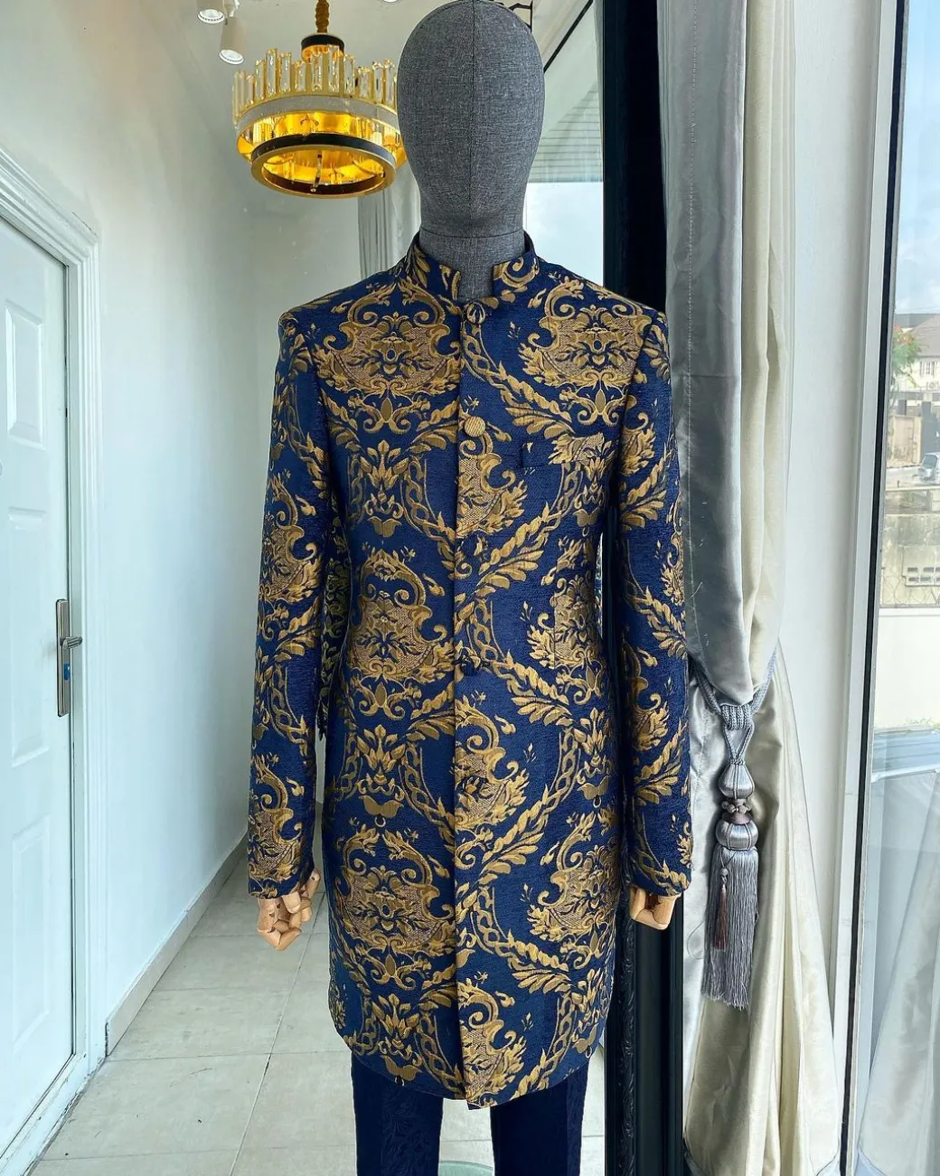 A “Namaste” Indian Sherwani Traditional Wedding Safari Gold Pattern Suit