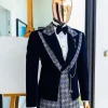 A Navy & light Carolina blue “octopussy” dogtooth Checkered jacquard, peak lapel 4 lapel layered tuxedo suit.