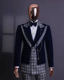 A Navy & light Carolina blue “octopussy” dogtooth Checkered jacquard, peak lapel 4 lapel layered tuxedo suit.