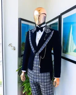 A Navy & light Carolina blue “octopussy” dogtooth Checkered jacquard, peak lapel 4 lapel layered tuxedo suit.