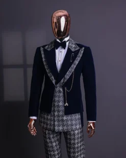 A Navy & light Carolina blue “octopussy” dogtooth Checkered jacquard, peak lapel 4 lapel layered tuxedo suit.