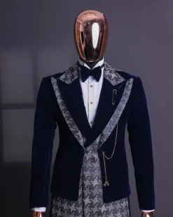 A Navy & light Carolina blue “octopussy” dogtooth Checkered jacquard, peak lapel 4 lapel layered tuxedo suit.