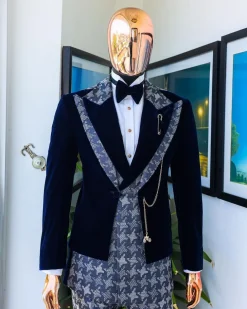 A Navy & light Carolina blue “octopussy” dogtooth Checkered jacquard, peak lapel 4 lapel layered tuxedo suit.