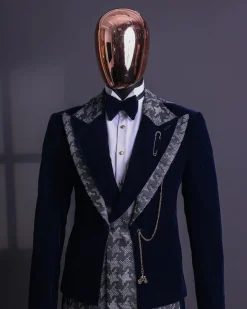 A Navy & light Carolina blue “octopussy” dogtooth Checkered jacquard, peak lapel 4 lapel layered tuxedo suit.