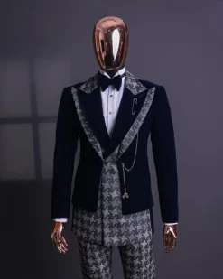 A Navy & light Carolina blue “octopussy” dogtooth Checkered jacquard, peak lapel 4 lapel layered tuxedo suit.