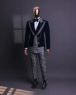 A Navy & light Carolina blue “octopussy” dogtooth Checkered jacquard, peak lapel 4 lapel layered tuxedo suit.