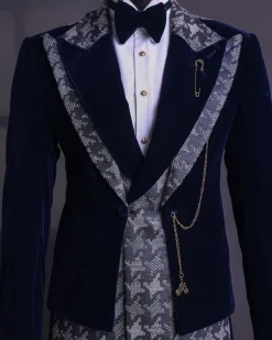 A Navy & light Carolina blue “octopussy” dogtooth Checkered jacquard, peak lapel 4 lapel layered tuxedo suit.